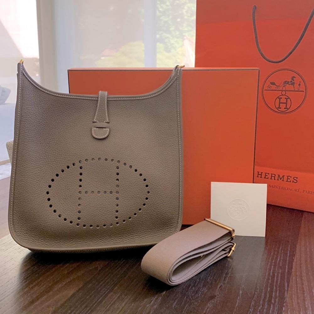 Hermes Bag Evelyne PM Etoupe Gold Hardware Clemence Leather